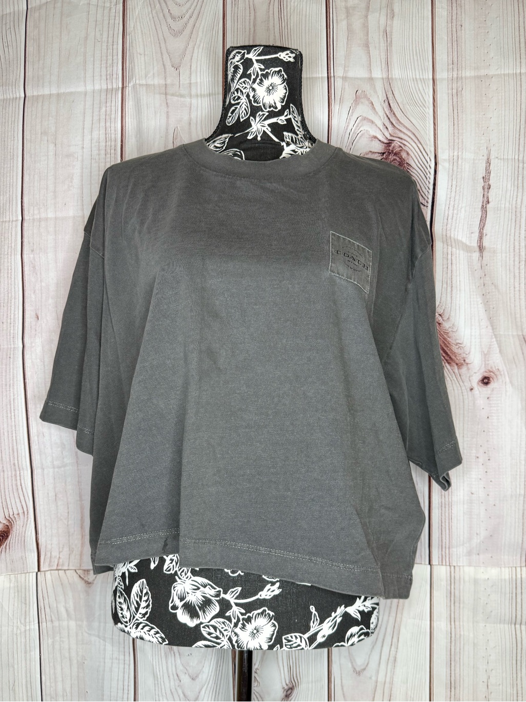 Coach Charcoal Gray Short Sleeve Cropped Logo Tee Shirt Nwt